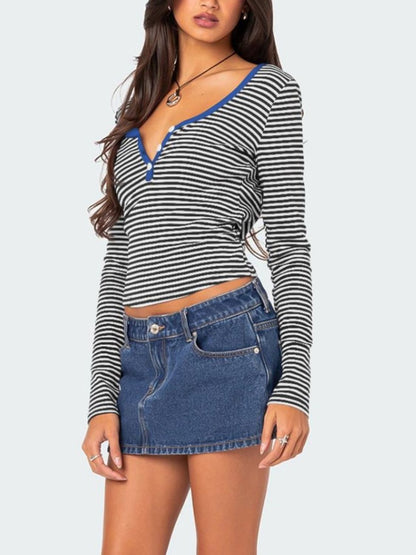 Buttoned Striped Long Sleeve T-Shirt Top S-XL