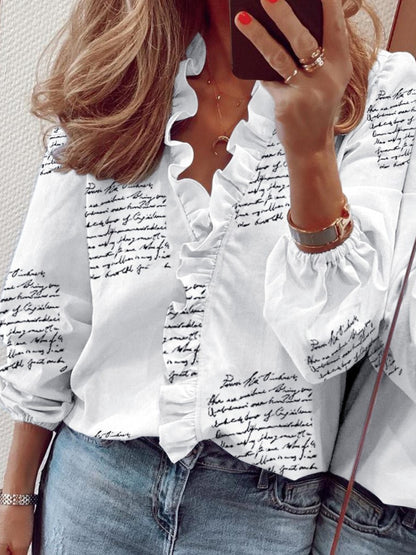 Ruffled Printed V-Neck Long Sleeve Blouse S-2XL