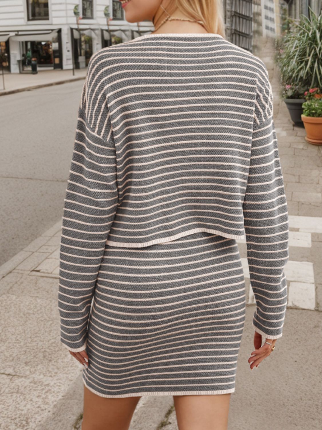 Striped Long Sleeve Top and Skirt Set S-XL