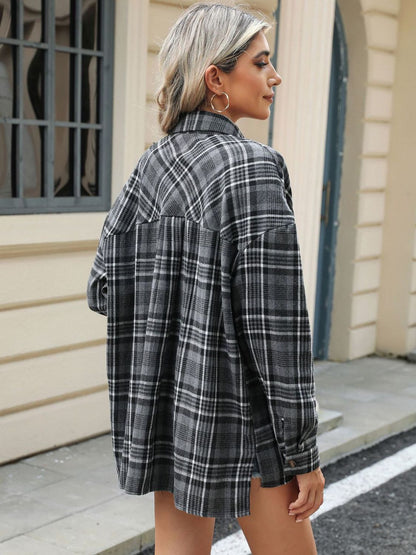Pocketed Plaid Collared Neck Long Sleeve Shirt S-2XL