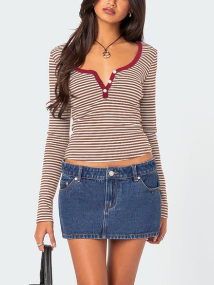 Buttoned Striped Long Sleeve T-Shirt Top S-XL