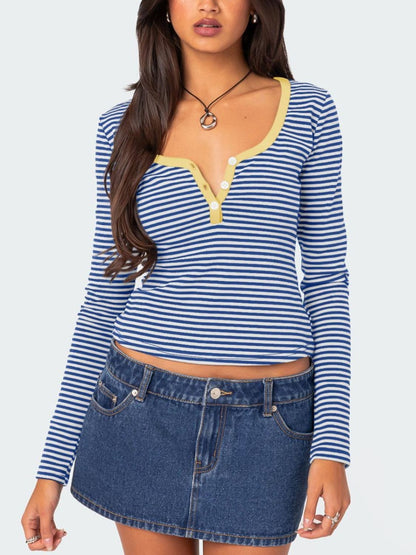 Buttoned Striped Long Sleeve T-Shirt Top S-XL
