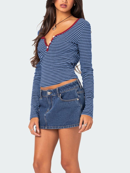 Buttoned Striped Long Sleeve T-Shirt Top S-XL