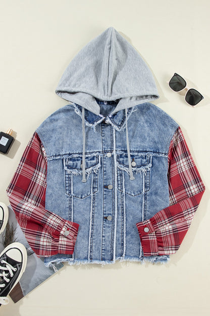 Raw Hem Drawstring Plaid Denim Jacket S-XL
