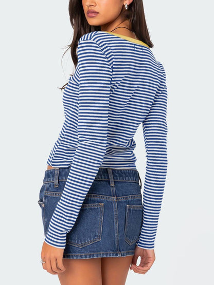 Buttoned Striped Long Sleeve T-Shirt Top S-XL