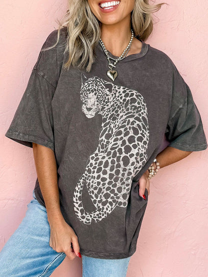 Cheetah Mineral Wash Round Neck Top Half Sleeve T-Shirt S-XL