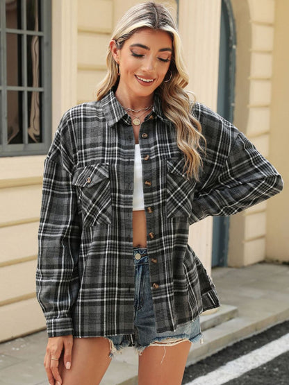 Pocketed Plaid Collared Neck Long Sleeve Shirt S-2XL