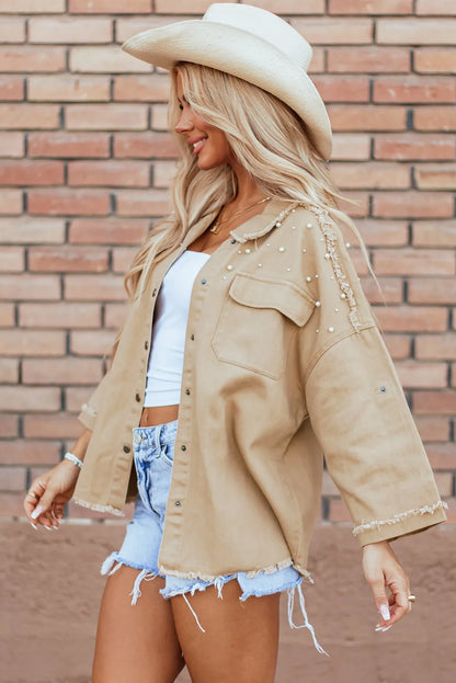 Raw Hem Pearl Trim Dropped Shoulder Denim Jacket S-XL