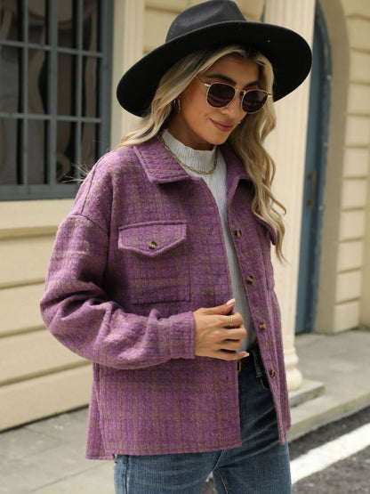 Plaid Collared Neck Long Sleeve Jacket S-XL