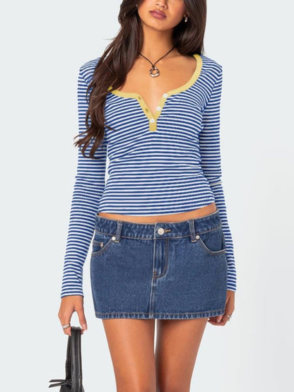 Buttoned Striped Long Sleeve T-Shirt Top S-XL