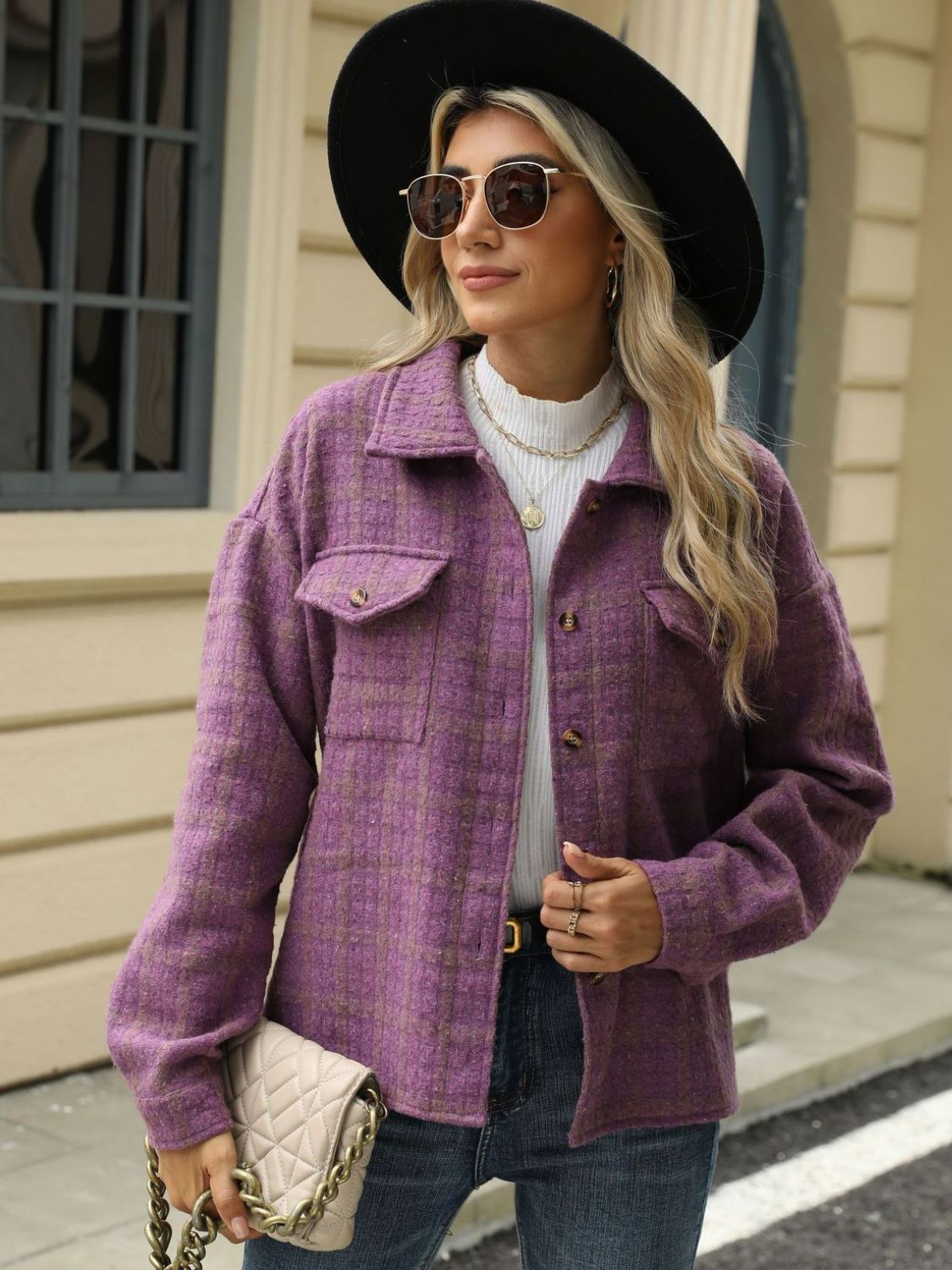 Plaid Collared Neck Long Sleeve Jacket S-XL