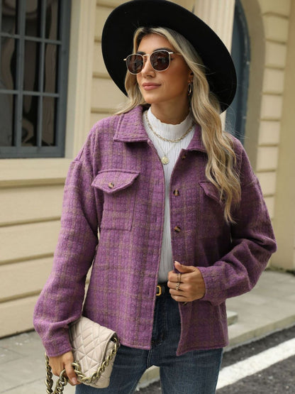 Plaid Collared Neck Long Sleeve Jacket S-XL