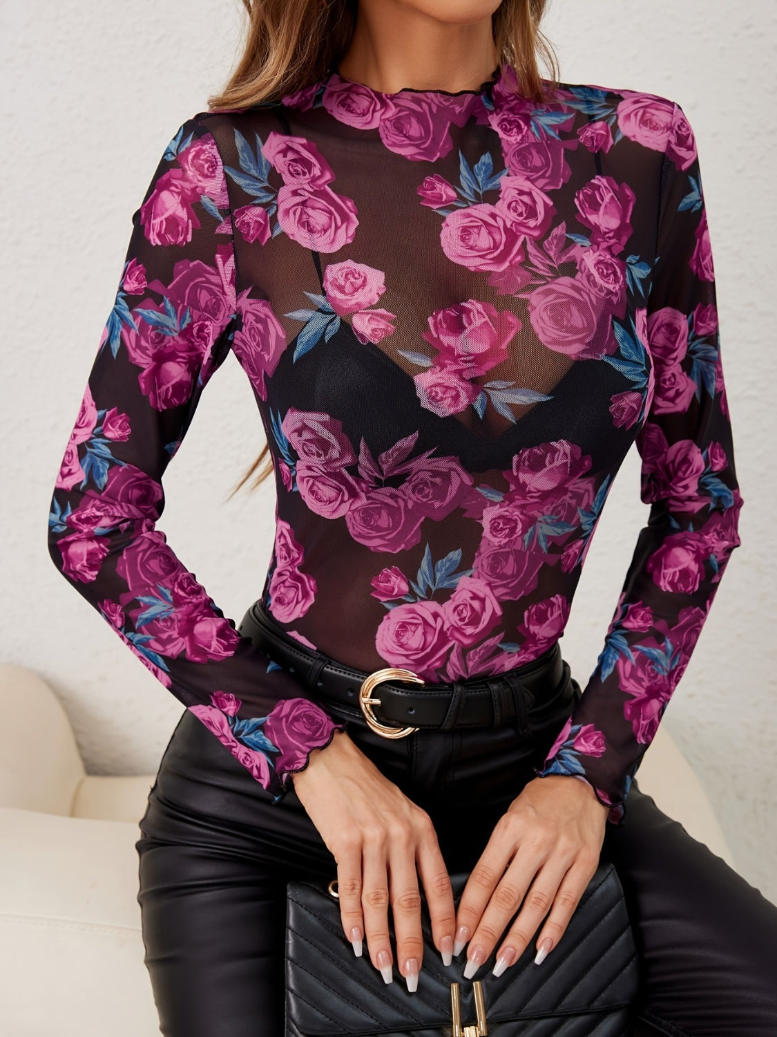 Floral Mock Neck Long Sleeve Top S-2XL