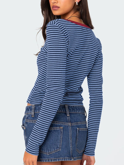 Buttoned Striped Long Sleeve T-Shirt Top S-XL