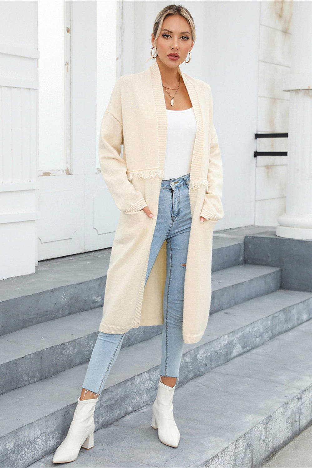 Open Front Pocketed Cardigan S-XL