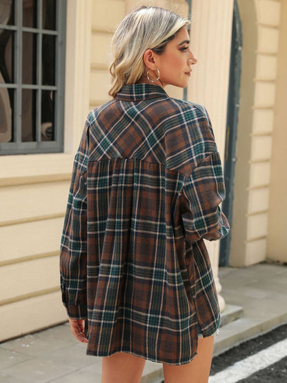 Pocketed Plaid Collared Neck Long Sleeve Shirt S-2XL