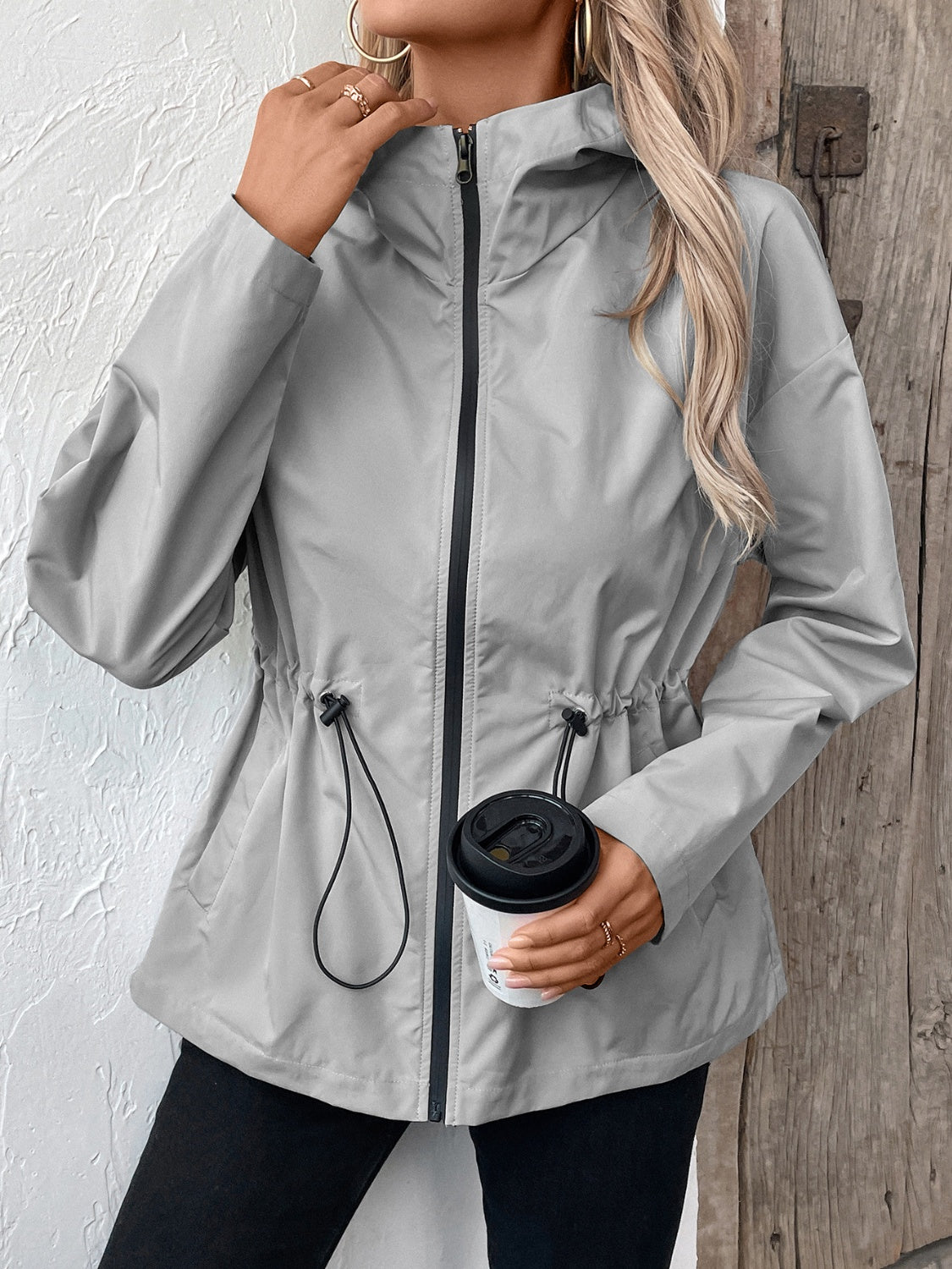 Ivy Lane Drawstring Zip Up Hooded Jacket S-2XL