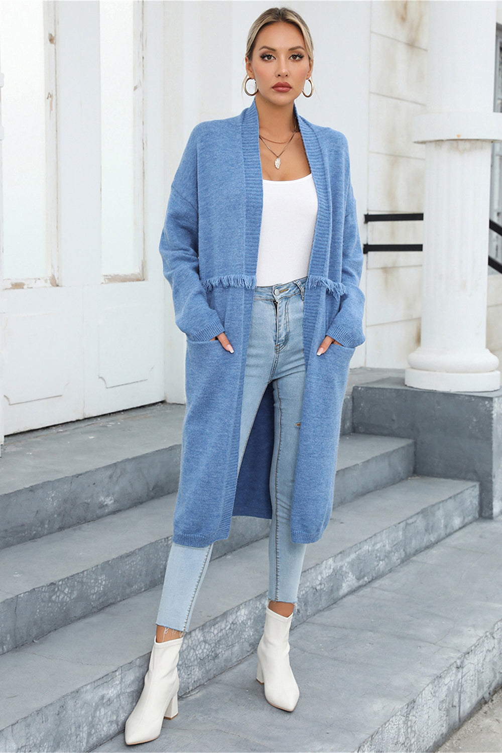 Open Front Pocketed Cardigan S-XL