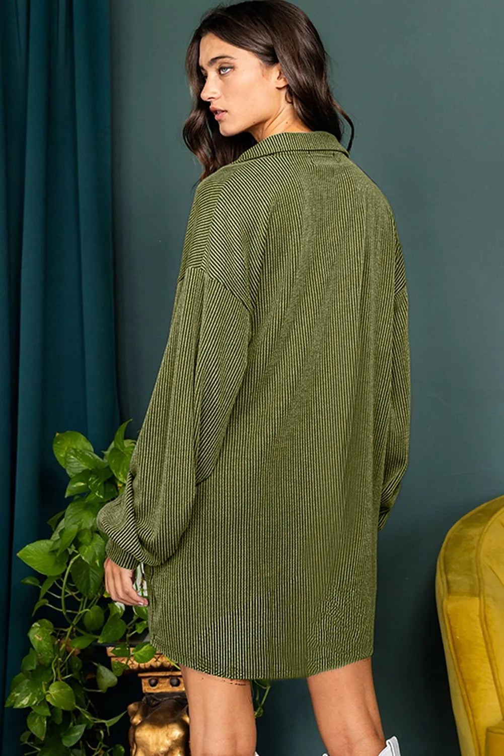 Half Button Collared Neck Long Sleeve Dress S-XL
