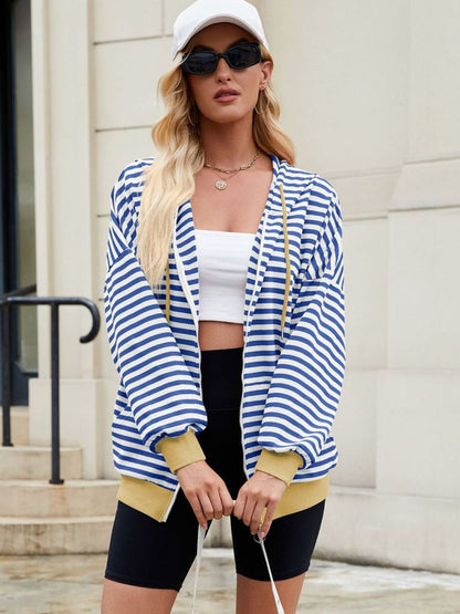 Drawstring Striped Zip Up Long Sleeve Hoodie S-2XL