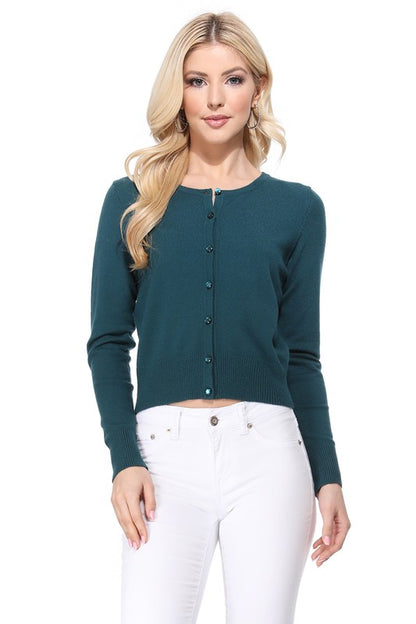 Gem Button Crew Neck Long Sleeve Sweater Cardigan Sizes S-XL