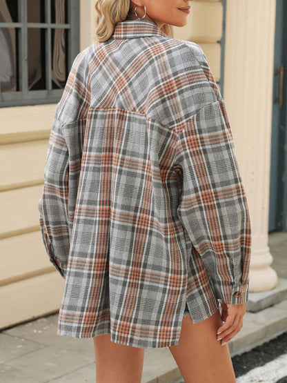 Pocketed Plaid Collared Neck Long Sleeve Shirt S-2XL