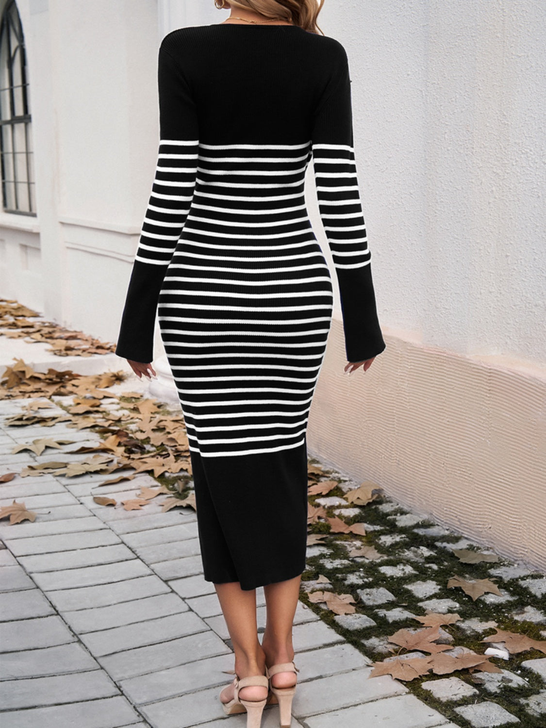 Striped V-Neck Long Sleeve Sweater Dress S-XL