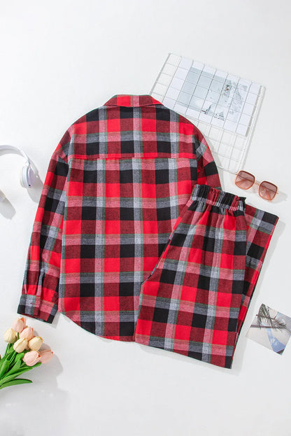 Plaid Long Sleeve Top and Pants Lounge Set S-XL