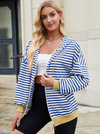 Drawstring Striped Zip Up Long Sleeve Hoodie S-2XL