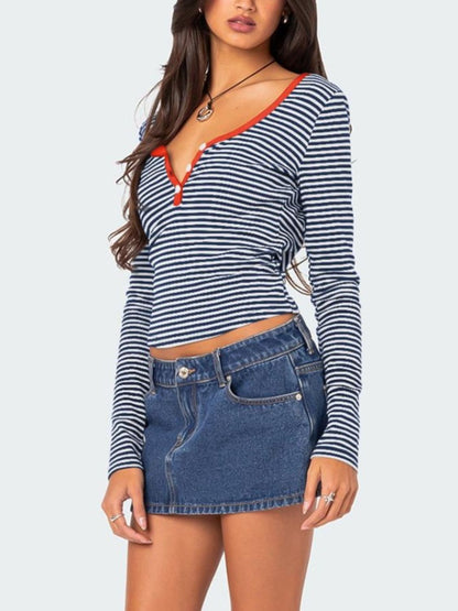 Buttoned Striped Long Sleeve T-Shirt Top S-XL