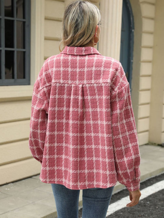 Plaid Collared Neck Long Sleeve Jacket S-XL