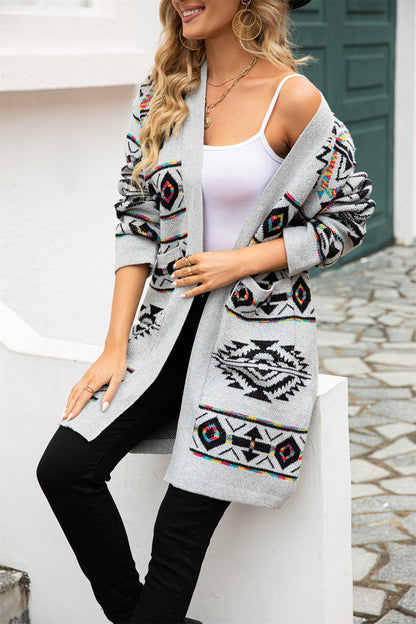 Pocketed Geometric Open Front Dropped Shoulder Cardigan S-XL
