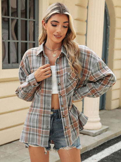 Pocketed Plaid Collared Neck Long Sleeve Shirt S-2XL