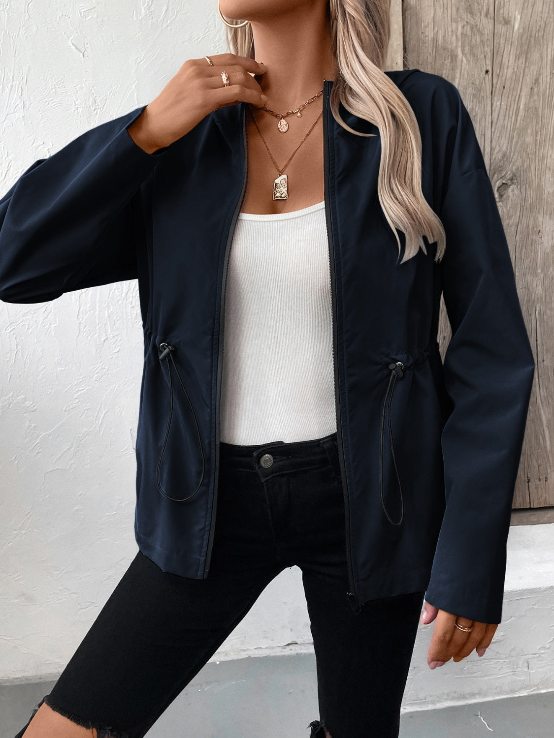 Ivy Lane Drawstring Zip Up Hooded Jacket S-2XL