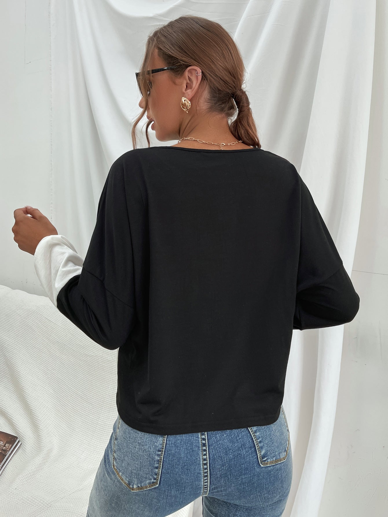 Three-Tone Color Block Dropped Shoulder Long Sleeve Top S-XL