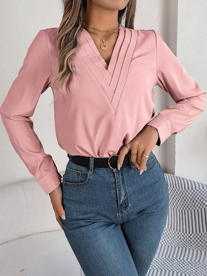 V-Neck Long Sleeve Blouse S-XL