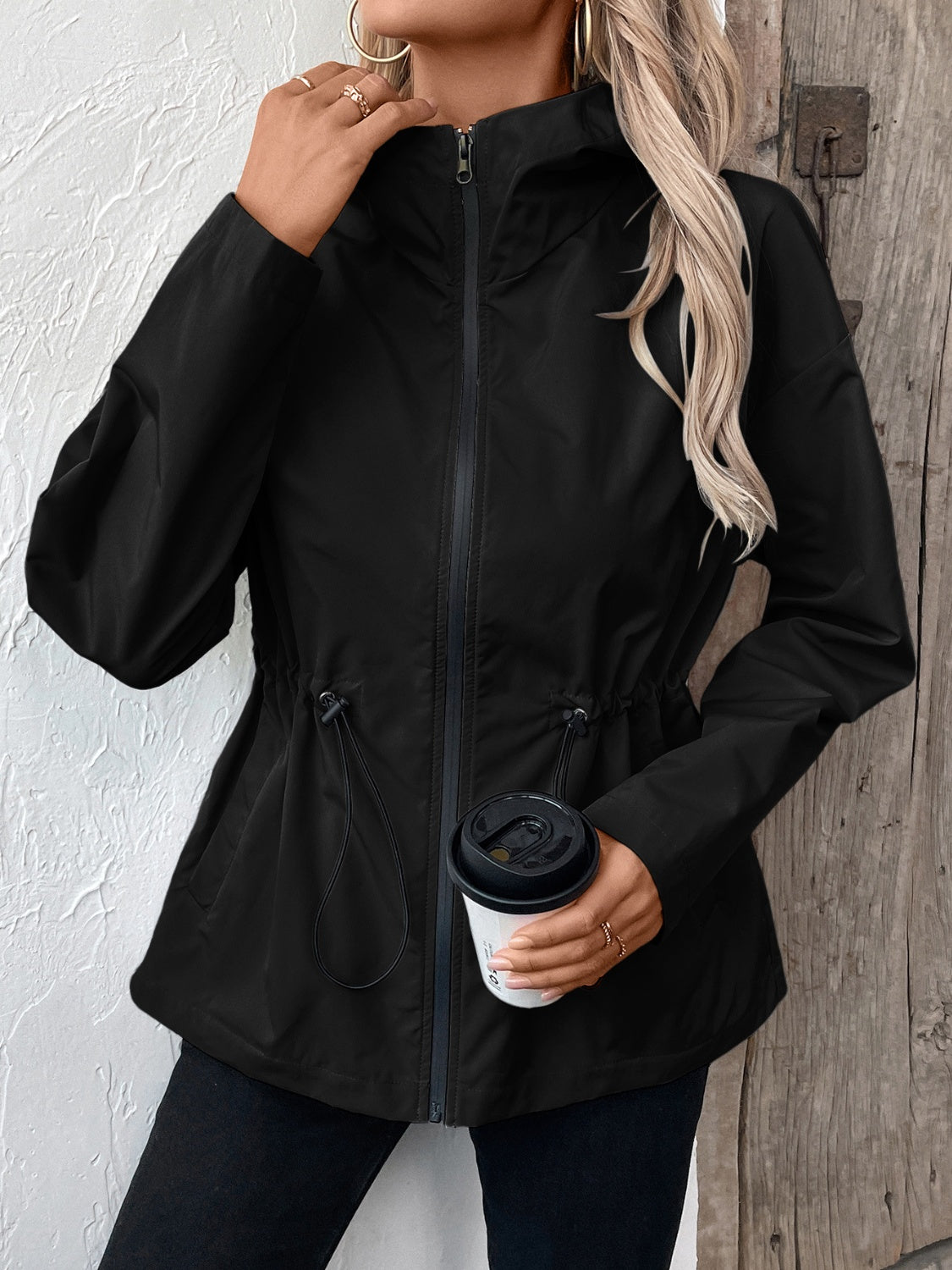 Ivy Lane Drawstring Zip Up Hooded Jacket S-2XL