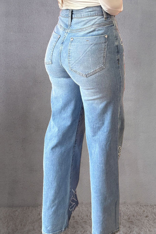Rhinestone Straight Jeans with Pockets Sizes 6-16