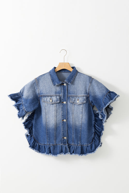 Ruffled Raw Hem Half Sleeve Denim Top S-2XL