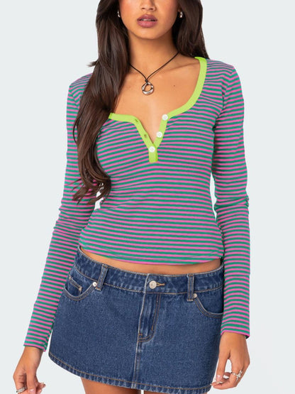Buttoned Striped Long Sleeve T-Shirt Top S-XL