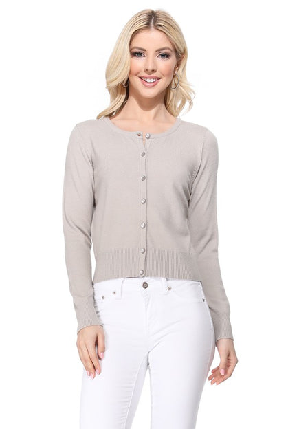 Gem Button Crew Neck Long Sleeve Sweater Cardigan Sizes S-XL