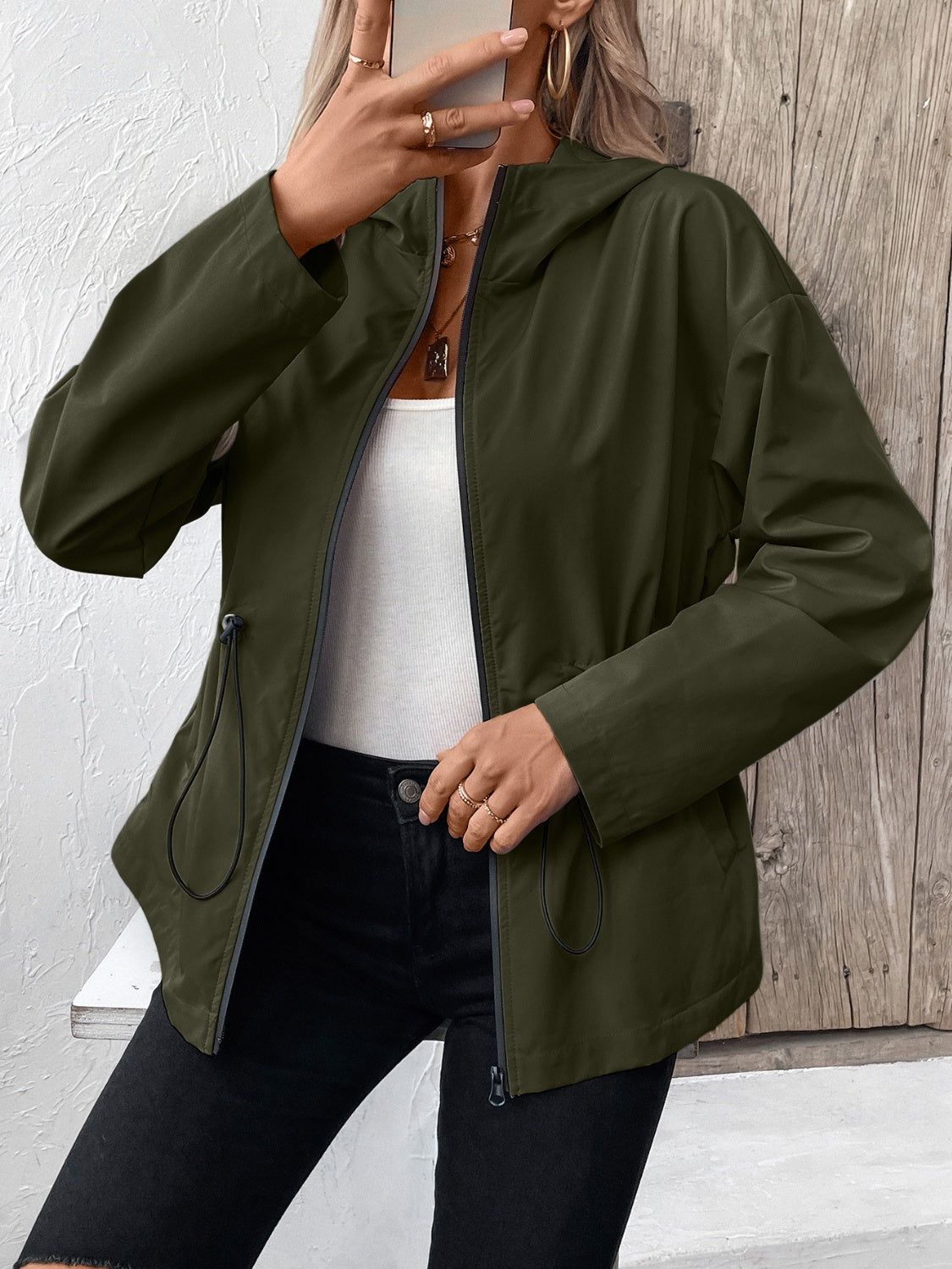 Ivy Lane Drawstring Zip Up Hooded Jacket S-2XL