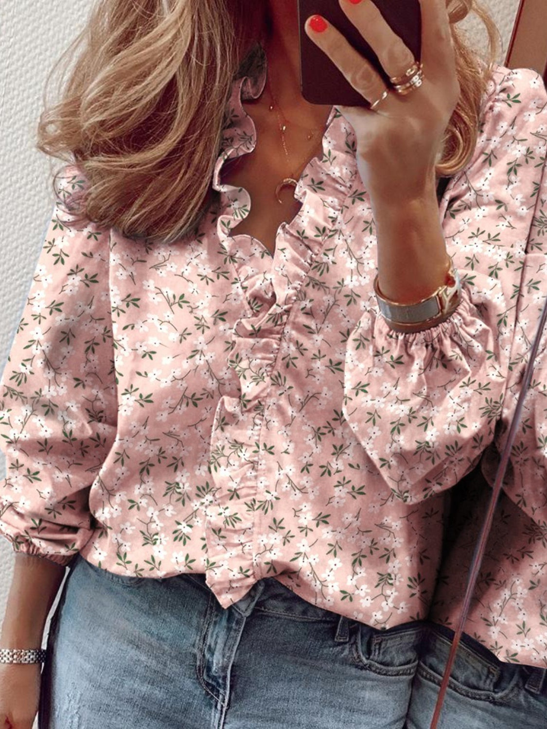 Ruffled Printed V-Neck Long Sleeve Blouse S-2XL