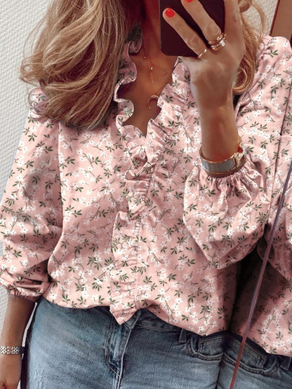 Ruffled Printed V-Neck Long Sleeve Blouse S-2XL