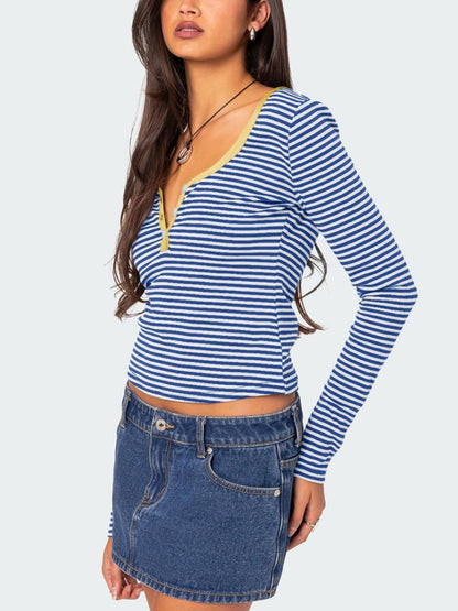 Buttoned Striped Long Sleeve T-Shirt Top S-XL