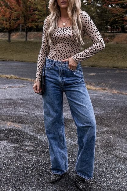 Animal Print Scoop Neck Long Sleeve Bodysuit Top S-XL