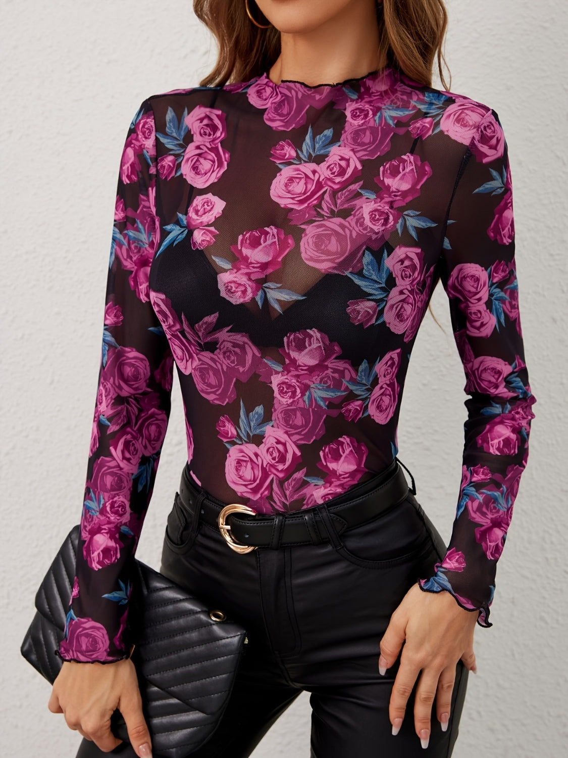 Floral Mock Neck Long Sleeve Top S-2XL