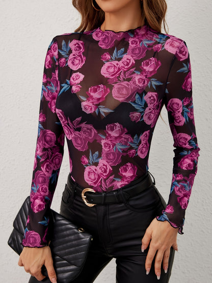 Floral Mock Neck Long Sleeve Top S-2XL