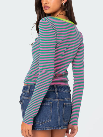 Buttoned Striped Long Sleeve T-Shirt Top S-XL