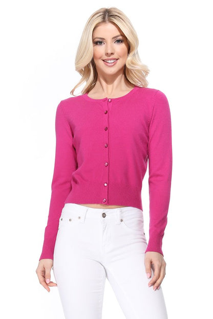 Gem Button Crew Neck Long Sleeve Sweater Cardigan Sizes S-XL